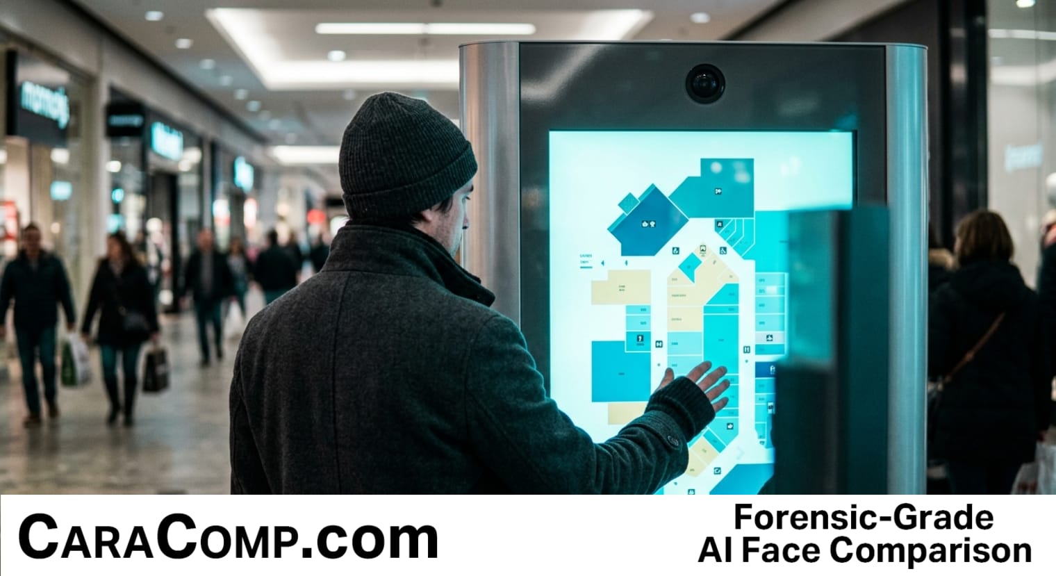 biometric data definition shown as mall directory camera scanning shopper faces 