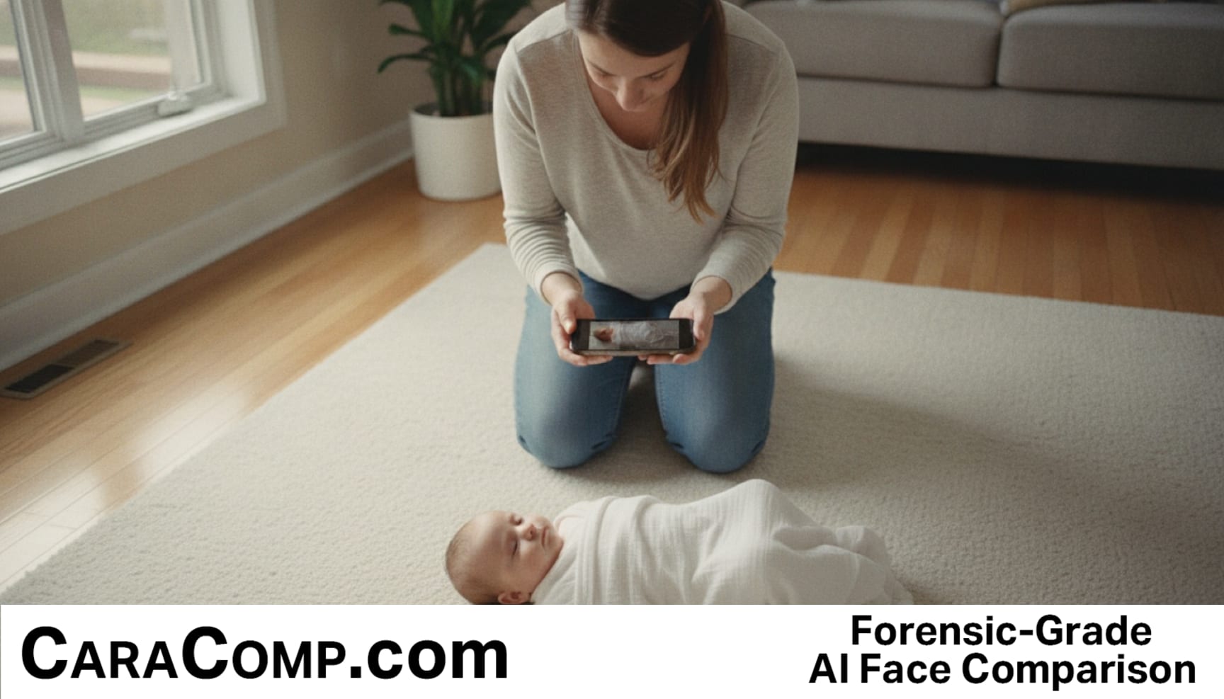 baby passport photo at home: a mother kneels on the floor and takes the photo st
