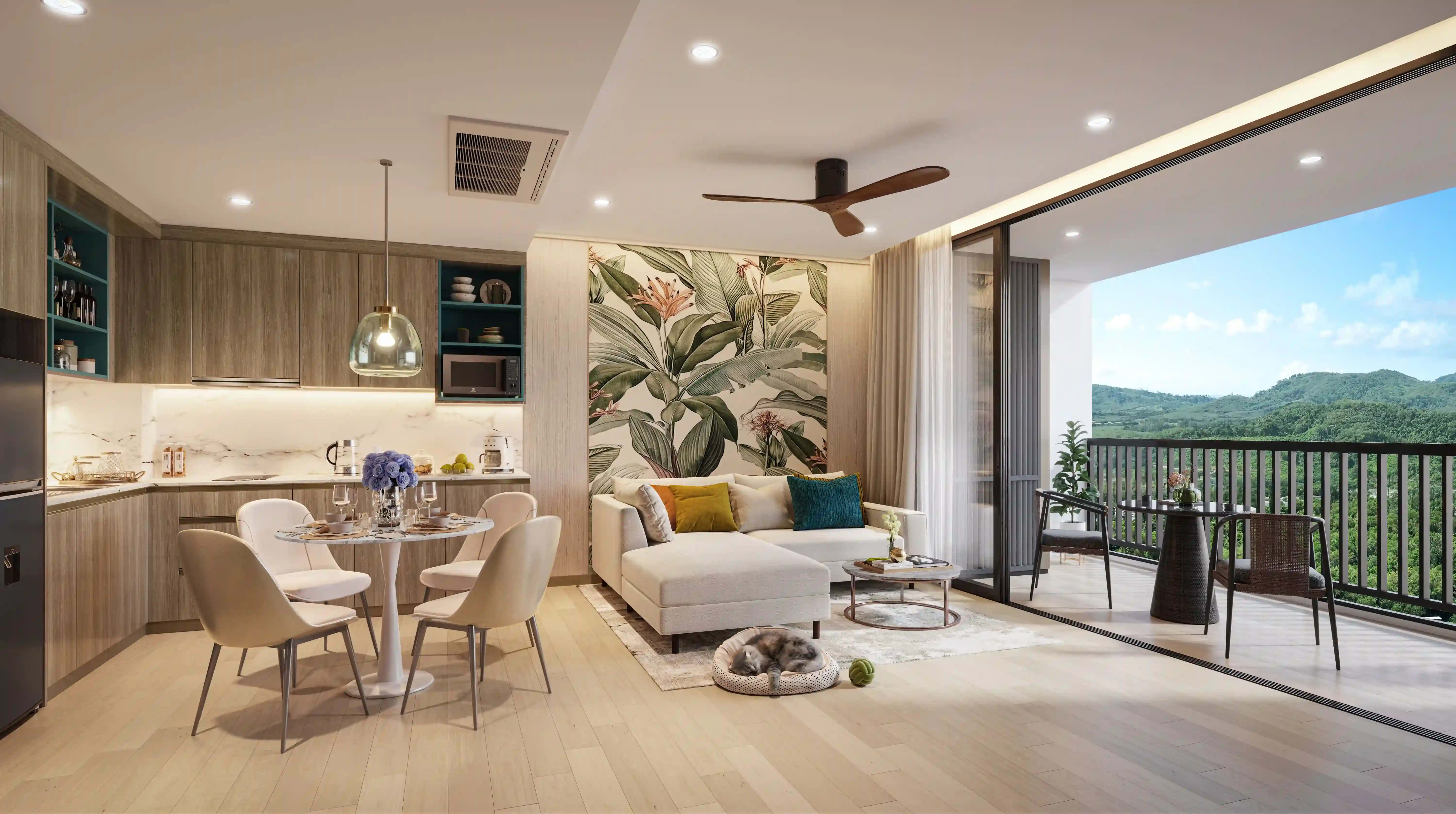 Furnished apartment interior — bedroom and lounge