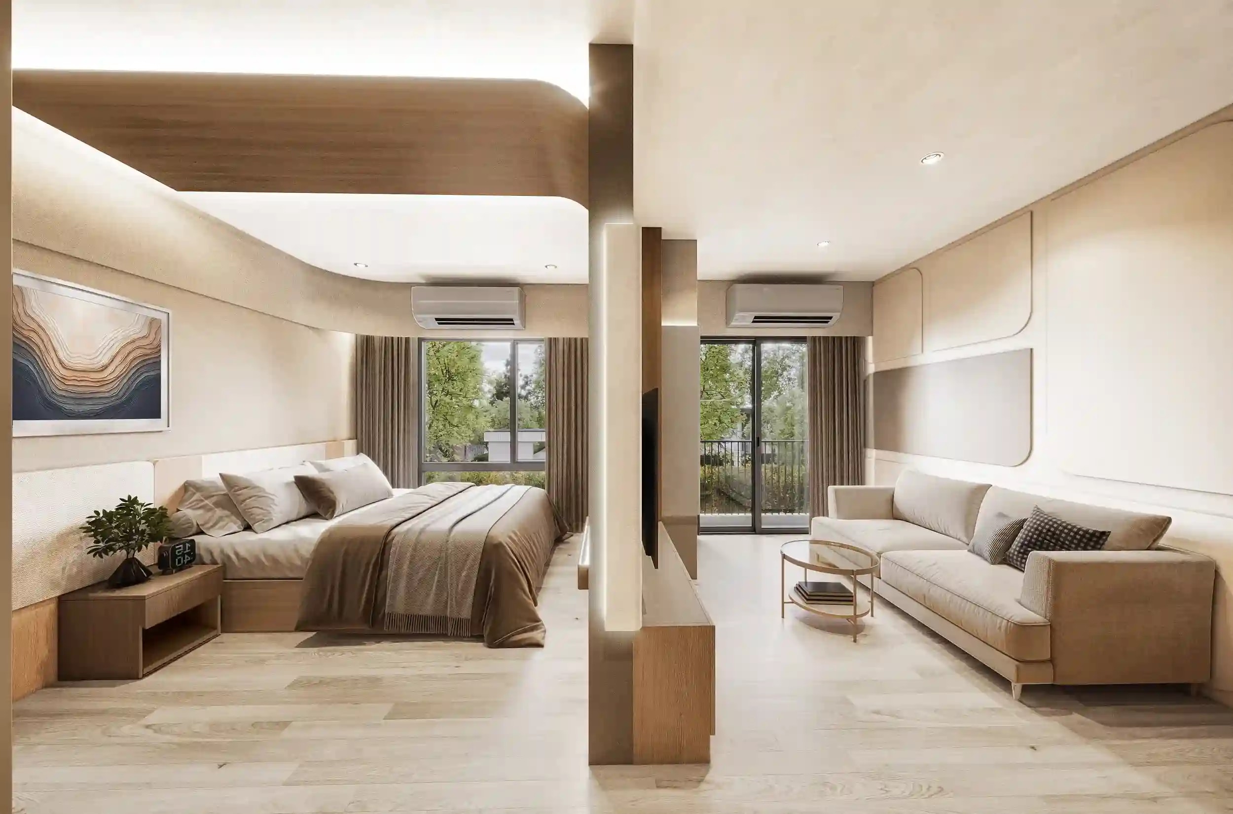 Furnished apartment interior — bedroom and lounge