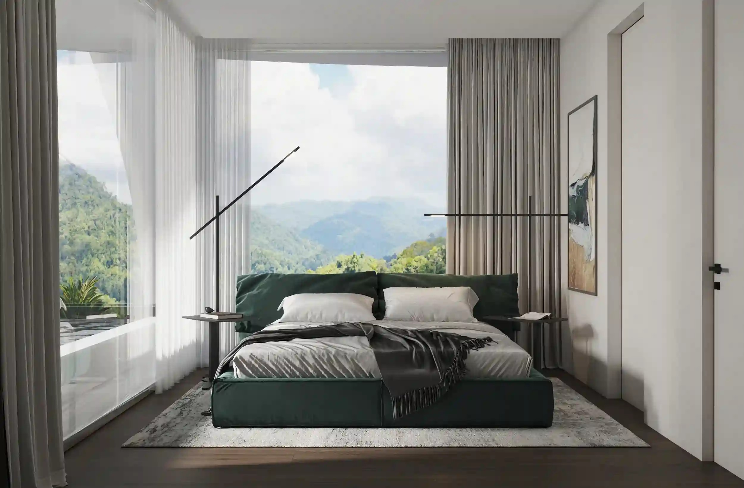 Furnished apartment interior — bedroom and lounge