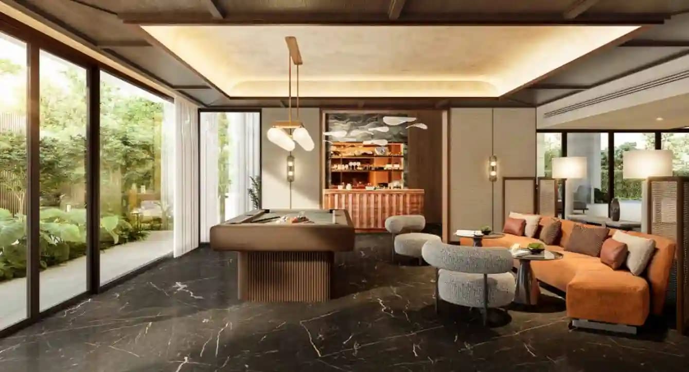 Origin Place Bang Tao — residents' lounge with pool table, designer furniture and garden view