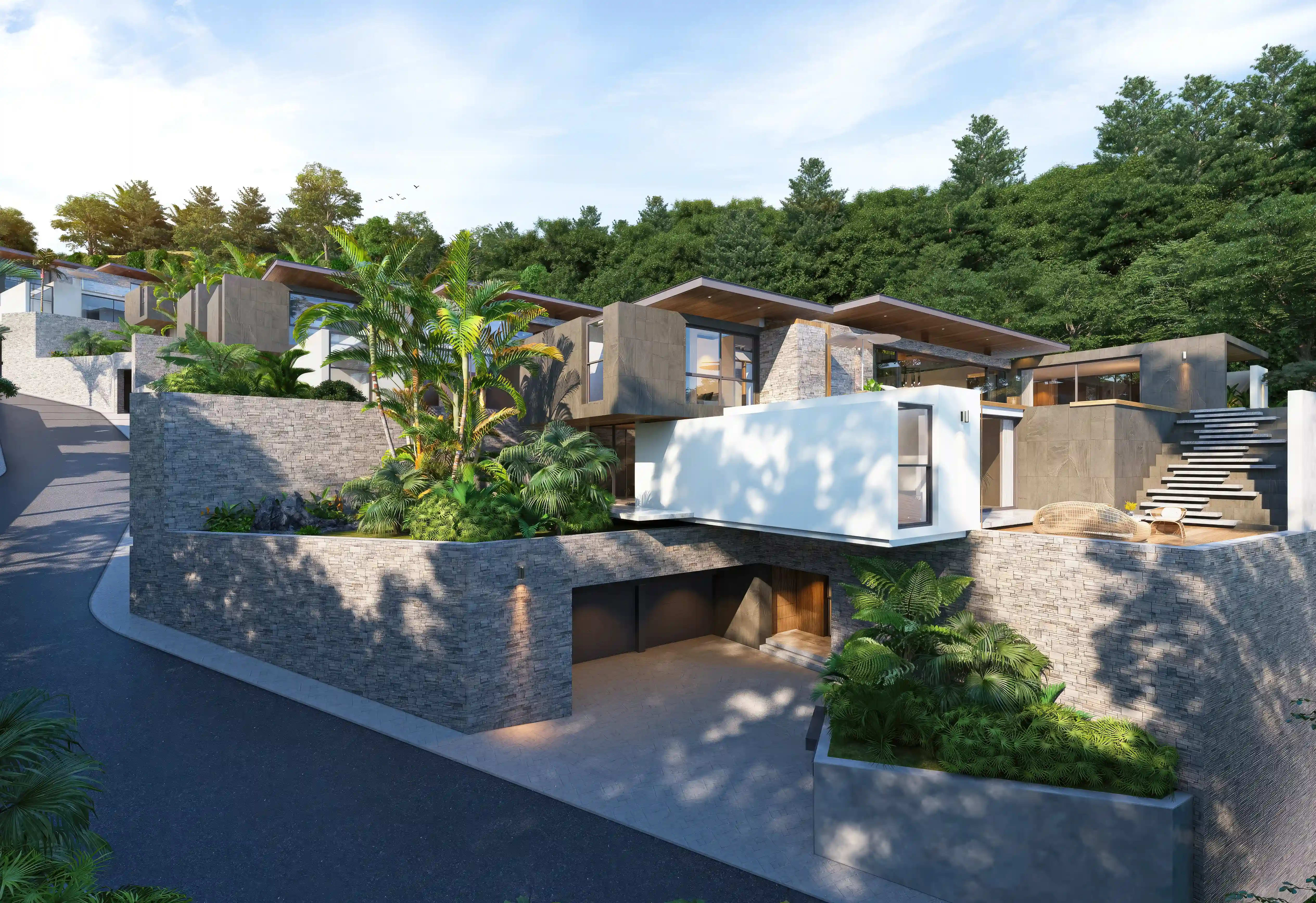 Walai Layan Phase 2 exterior — pool villa with tropical landscaping in Layan