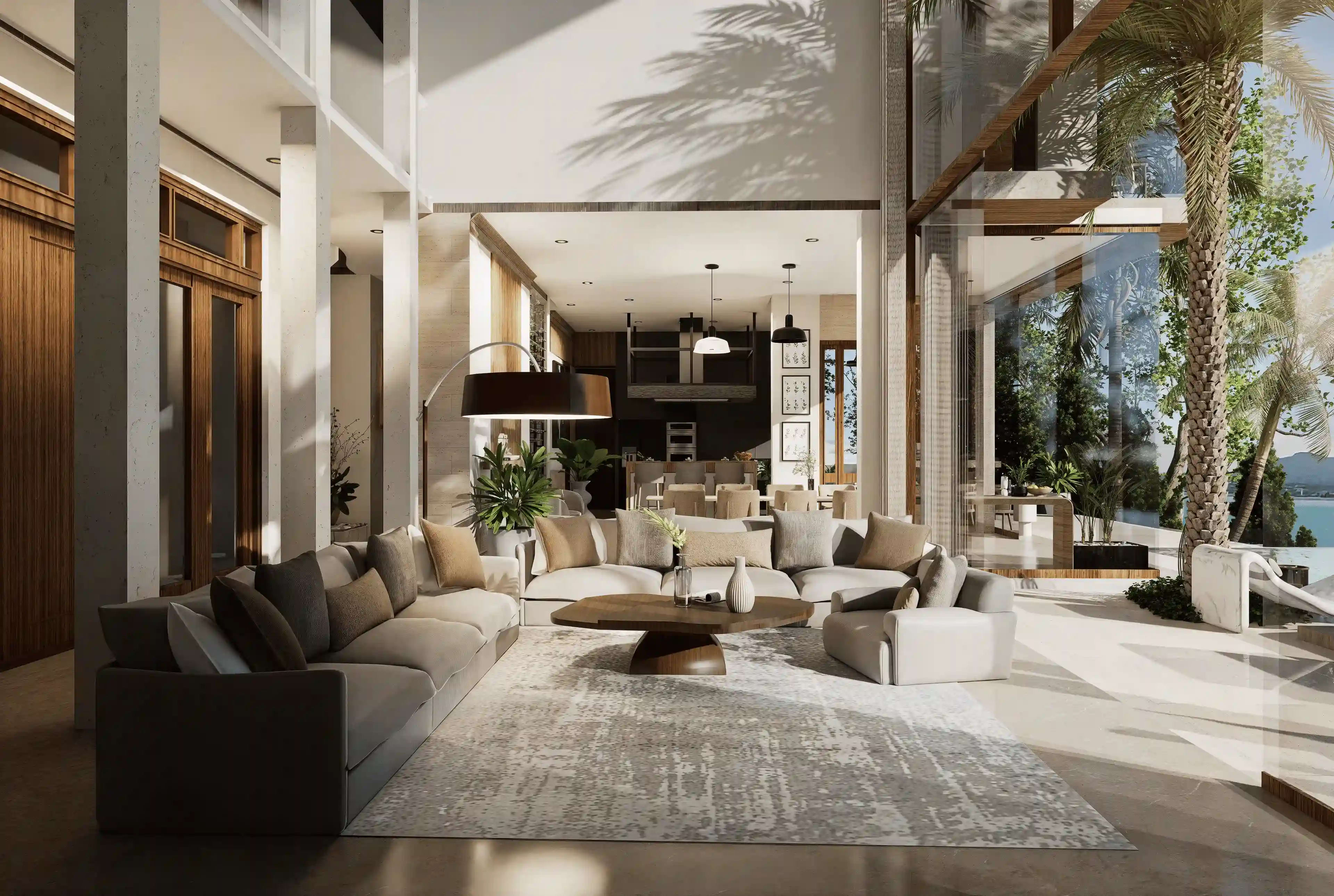 Narana Villa interior — open-plan living with pool view