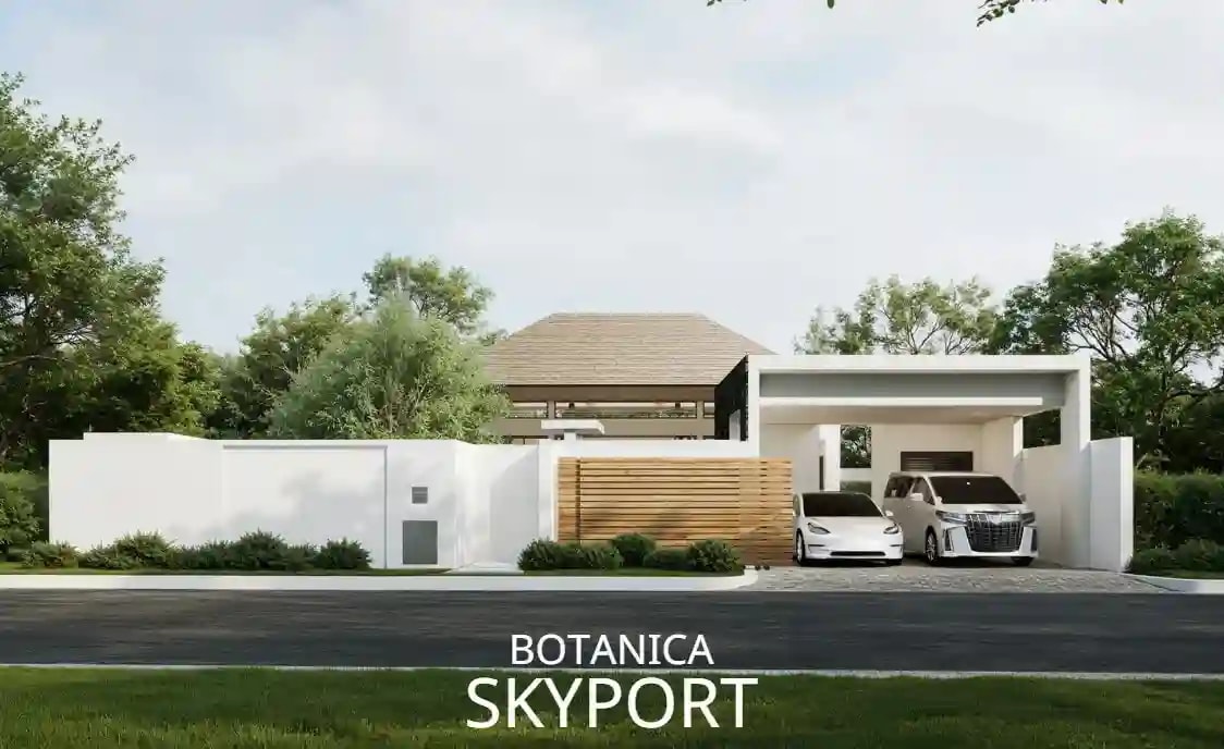 Botanica Skyport pool villa — garden and outdoor terrace view