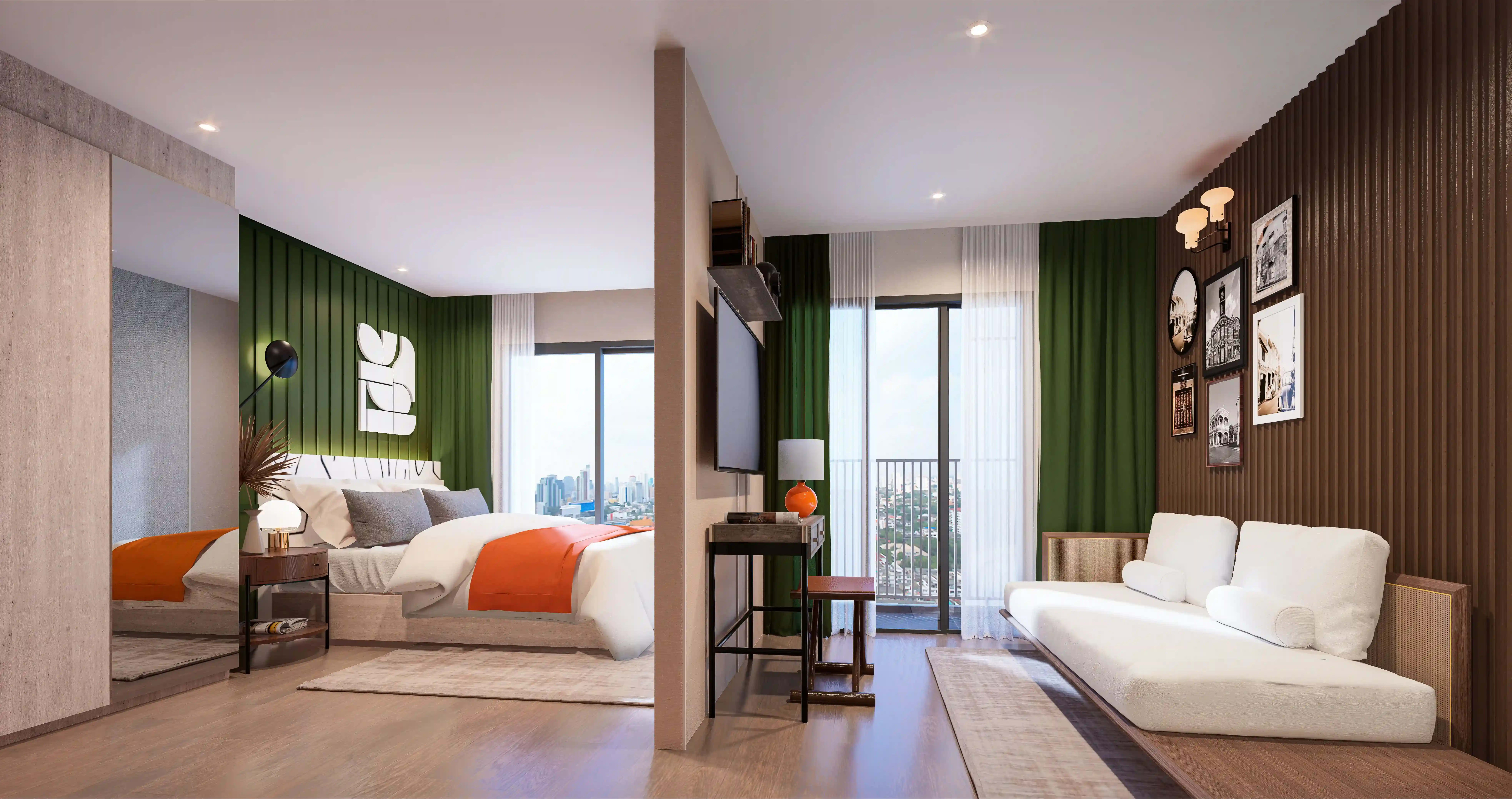 Furnished apartment interior — bedroom and lounge