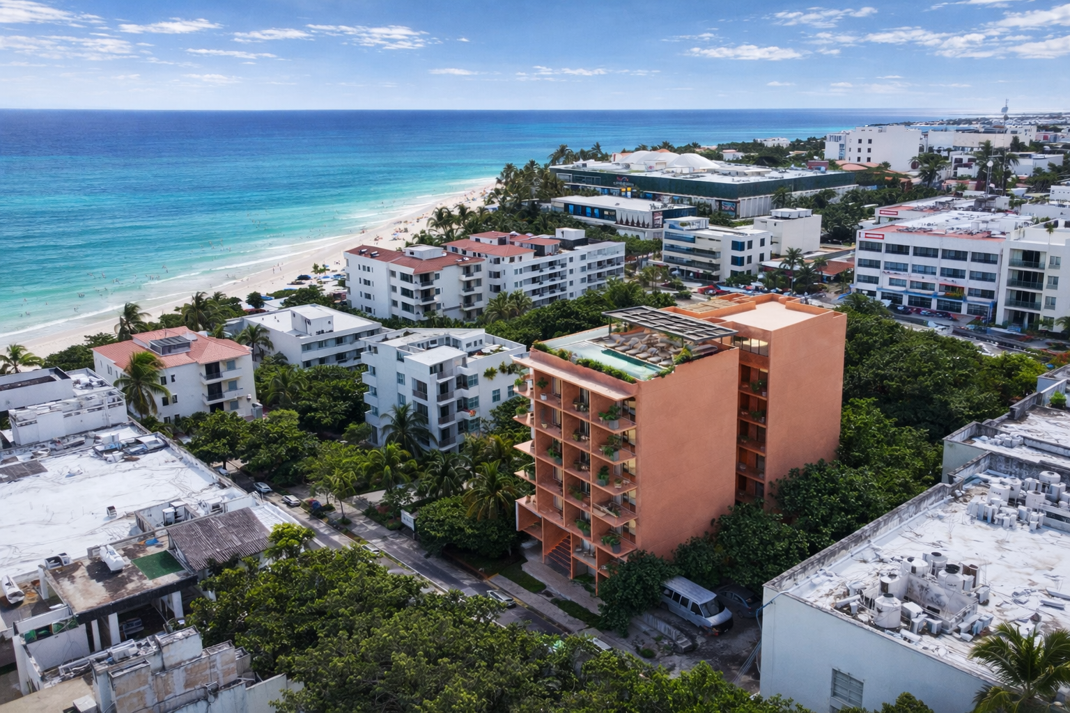 Puerto Cancún Marina tower residences and lagoon view