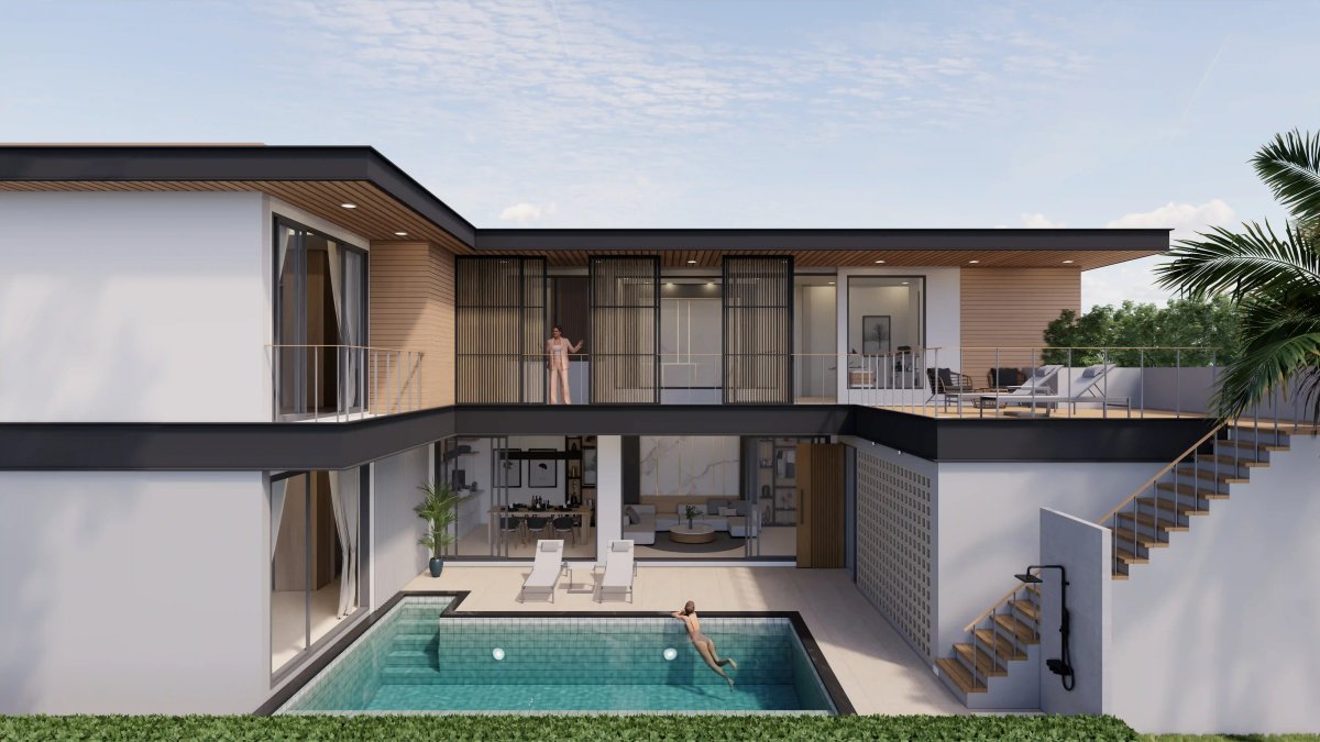 Le Villa Lake exterior, gated pool villas with biophilic garden design