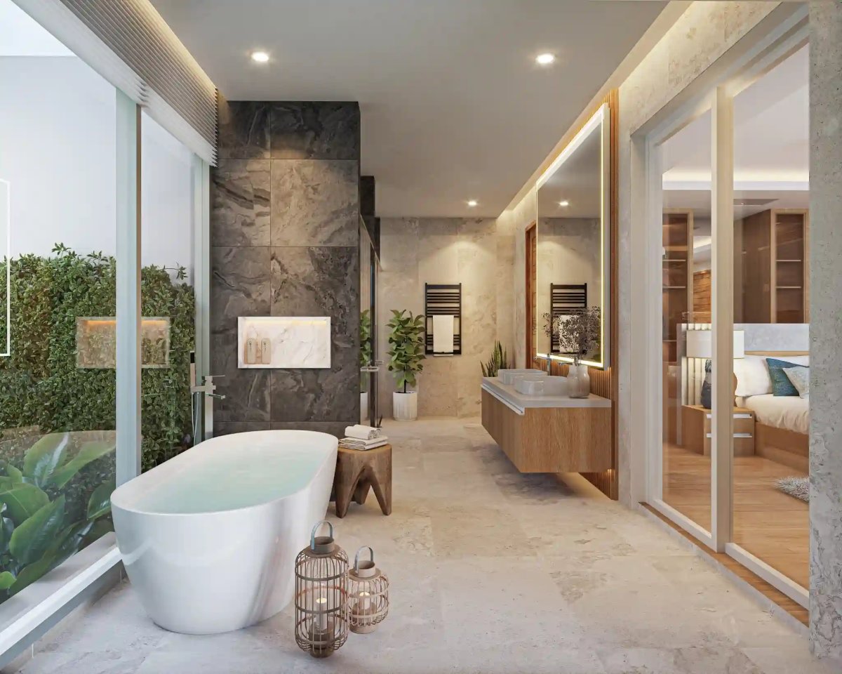 Luna Vista interior, double-height living room with designer finishes