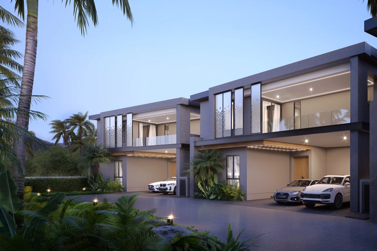 Terra Azalea Villas exterior facade and landscaping from street approach