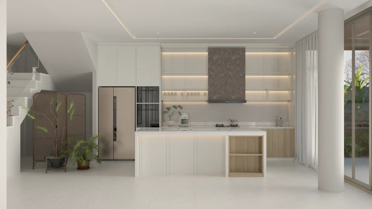 Terra Azalea Villas open-plan living and kitchen area facing pool garden