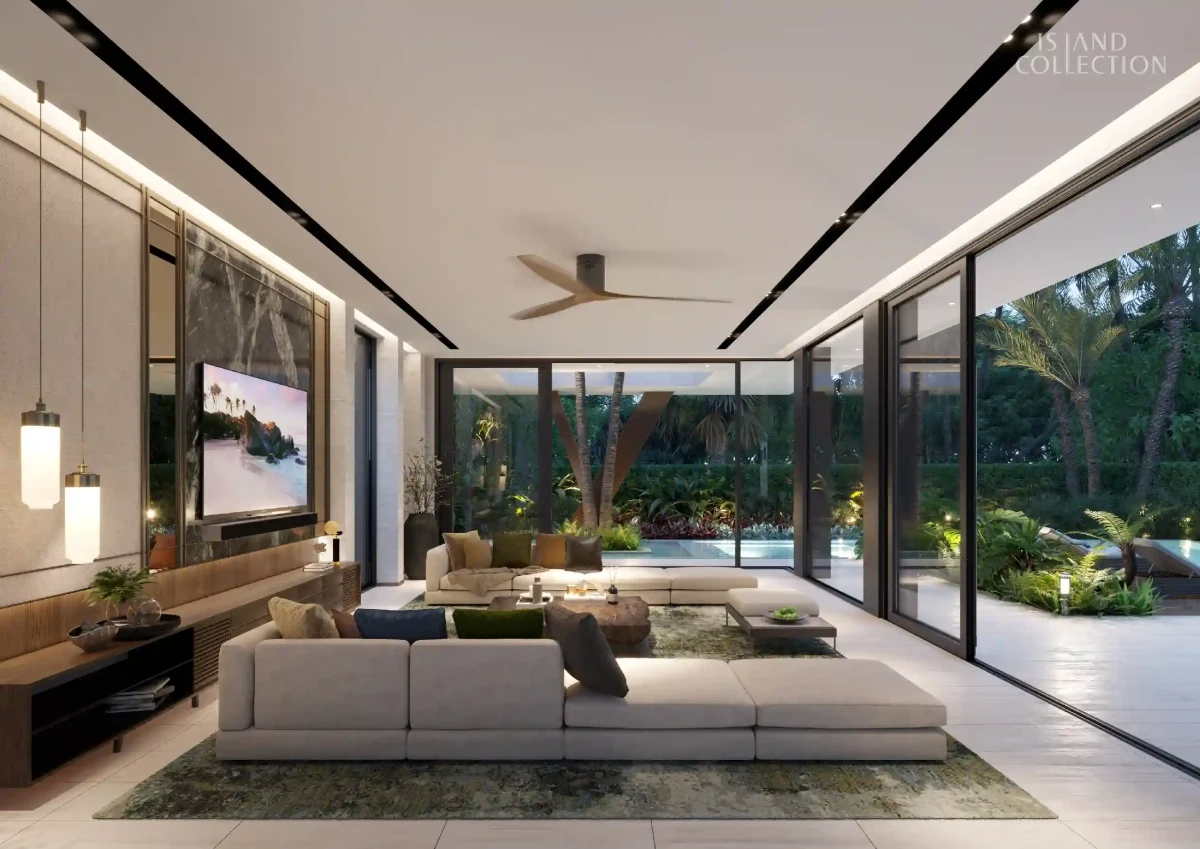 Island Collection, villa interior with open-plan living and pool view