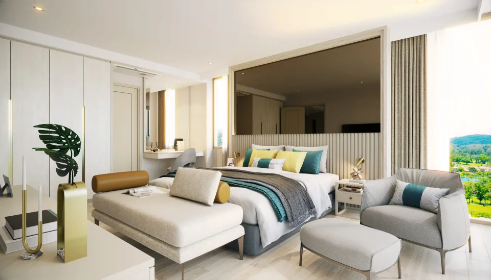 Furnished apartment interior, bedroom and lounge