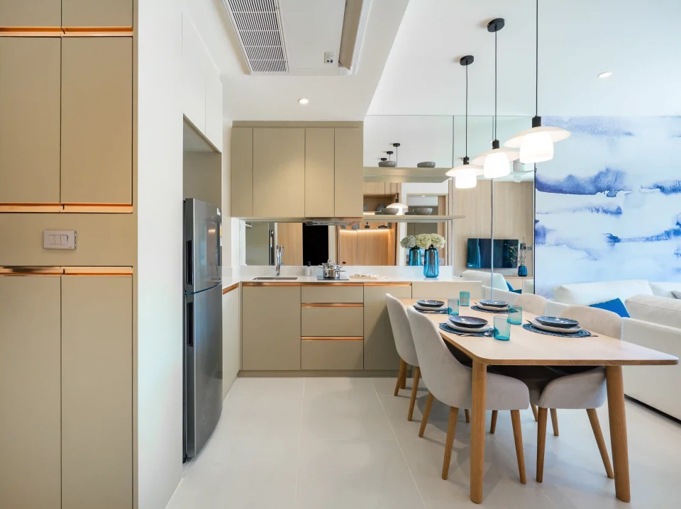 Furnished apartment interior, bedroom and lounge