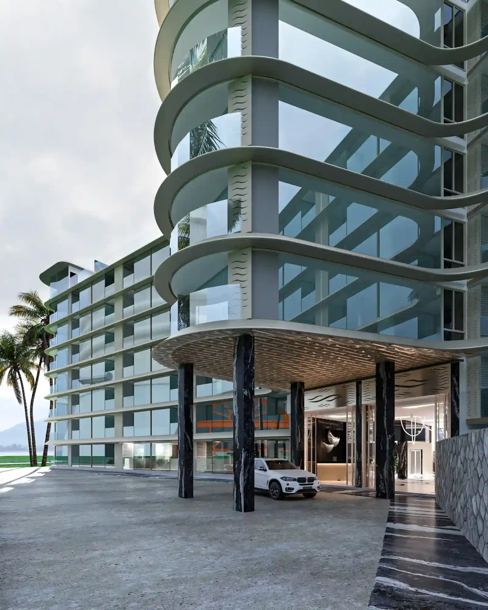 Project façade and main entrance, exterior view