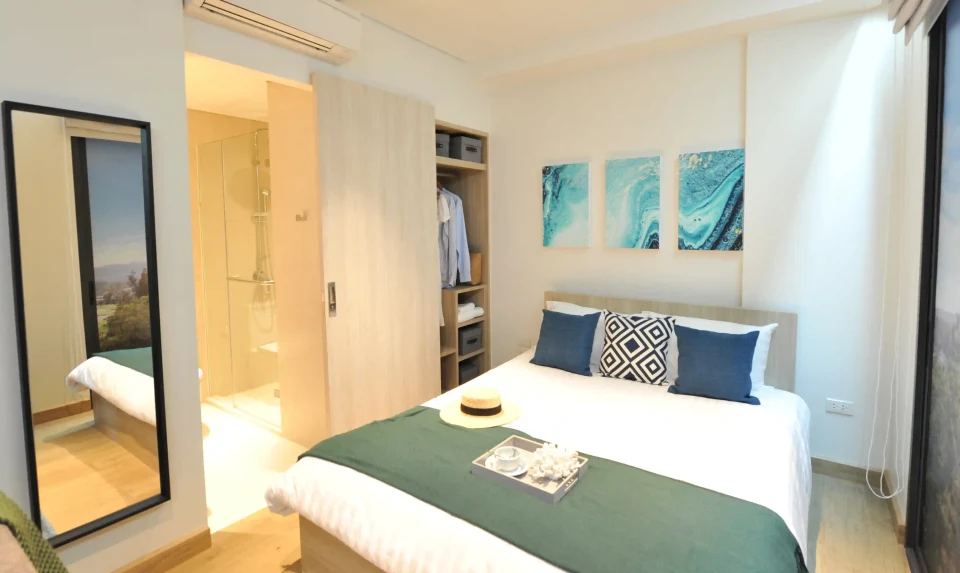 Furnished apartment interior, bedroom and lounge