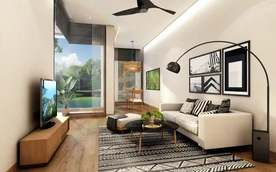 Furnished apartment interior, bedroom and lounge