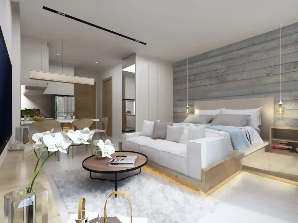Utopia Dream furnished apartment interior, bedroom and living area