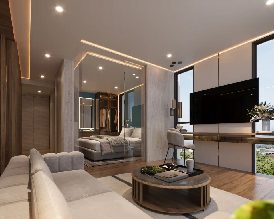 Furnished apartment interior, bedroom and lounge