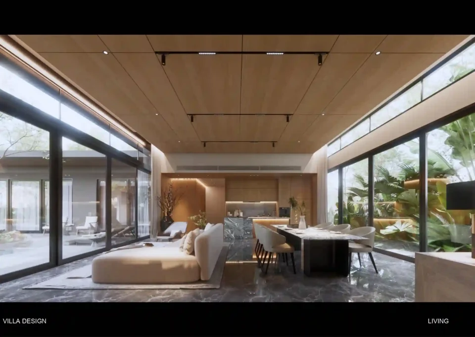 Oliver Villa interior living room with pool view