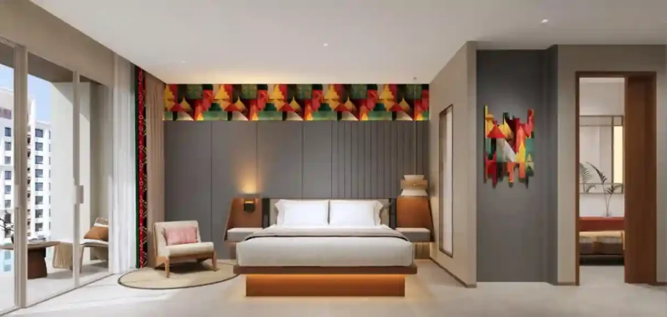 Furnished apartment interior, bedroom and lounge