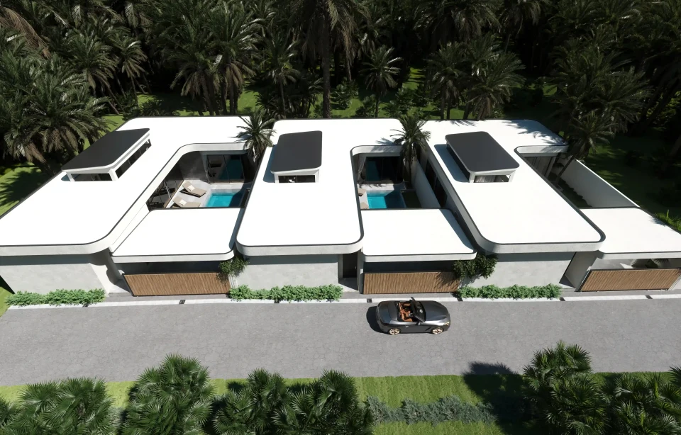 Foresta Villas: exterior view of the forest villa compound with private pool and tropical canopy
