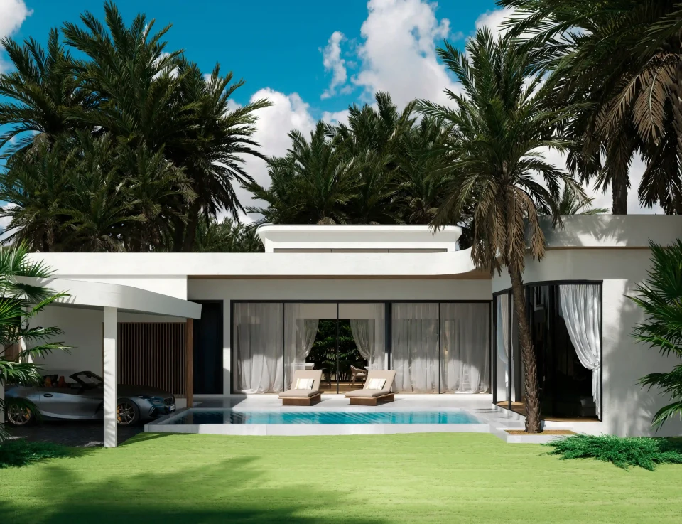 Foresta Villas: villa entrance approach through mature tropical forest planting