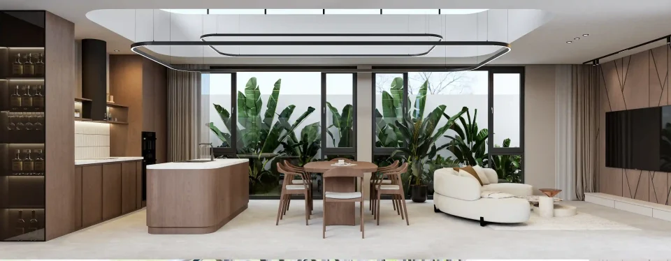 Foresta Villas: open-plan living area with full-height glazed panels opening to private pool terrace