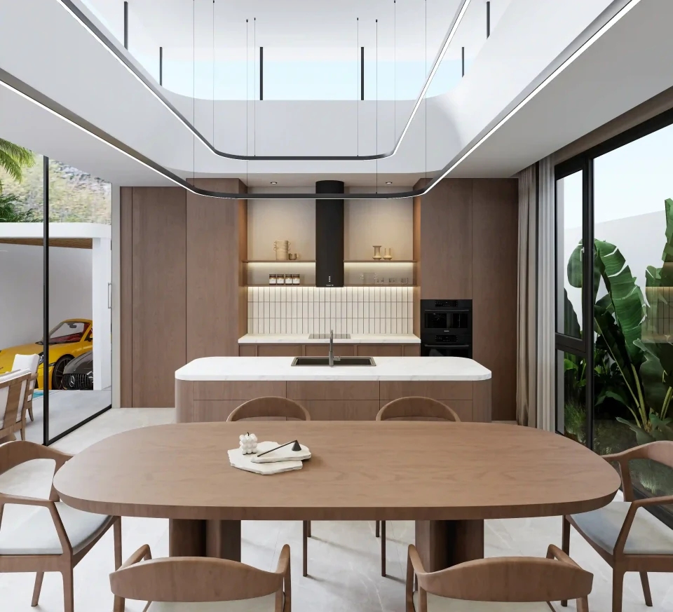 Foresta Villas: master bedroom interior with full-height glazing framing tropical forest view