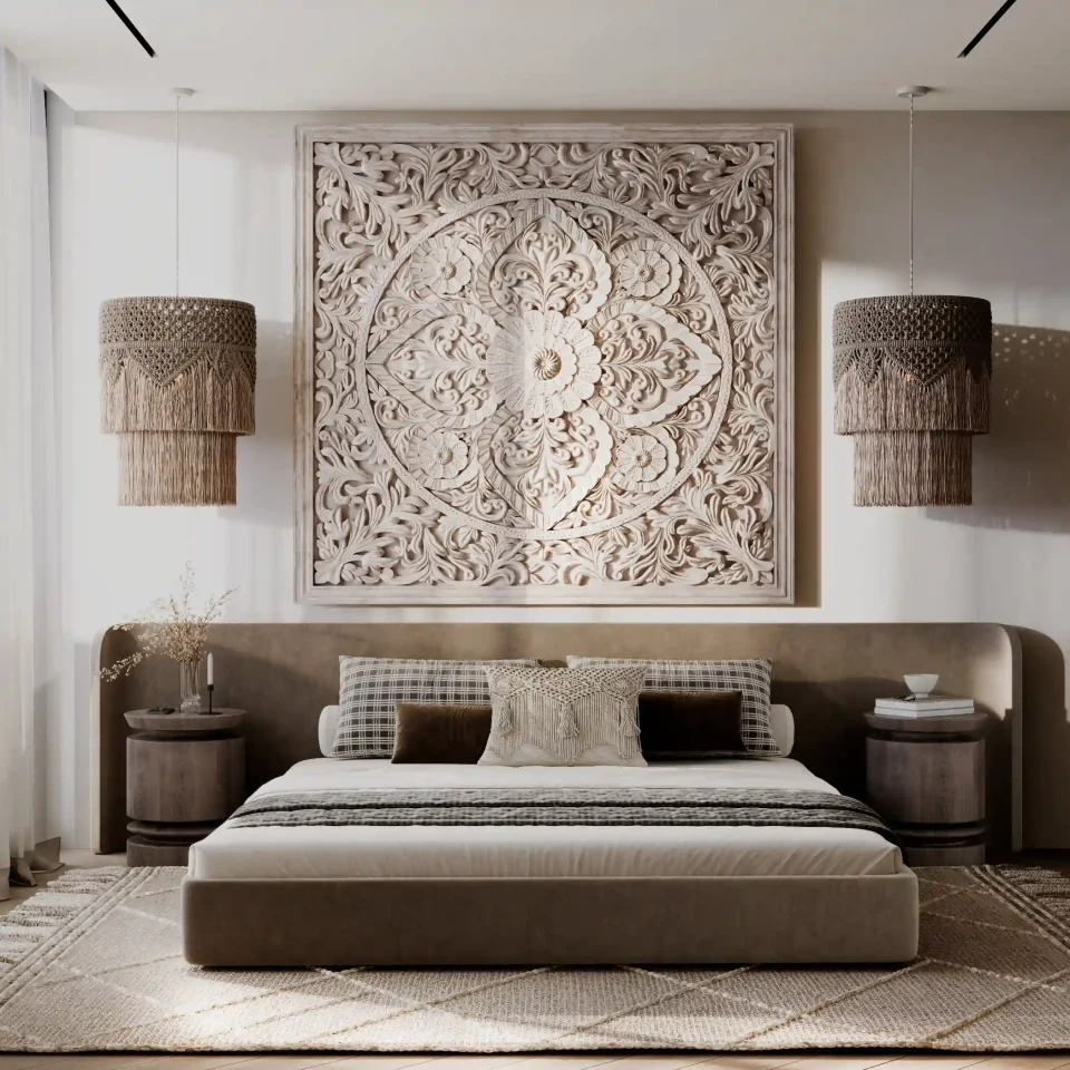 Sunny Moon Village interior, bedroom with bright tropical décor
