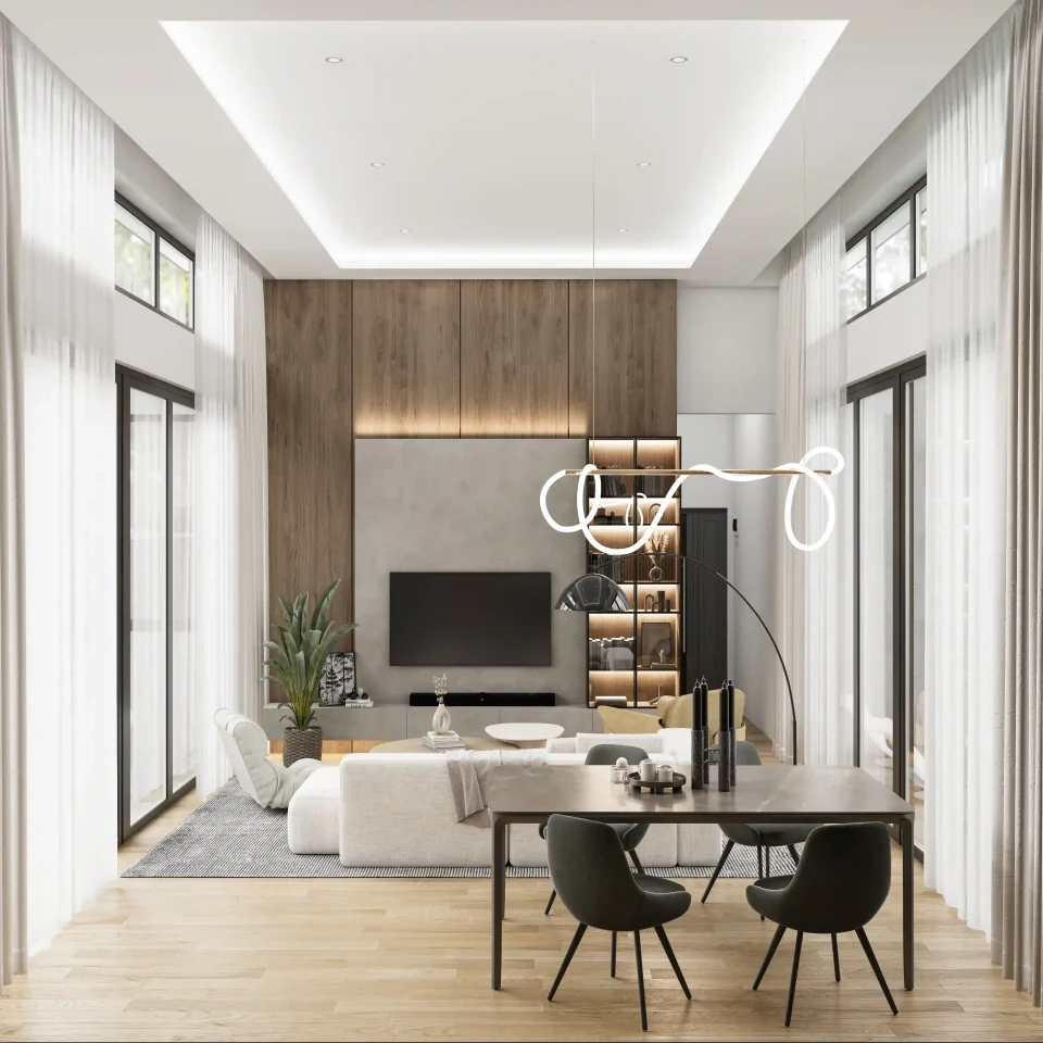 Furnished apartment interior, bedroom and lounge