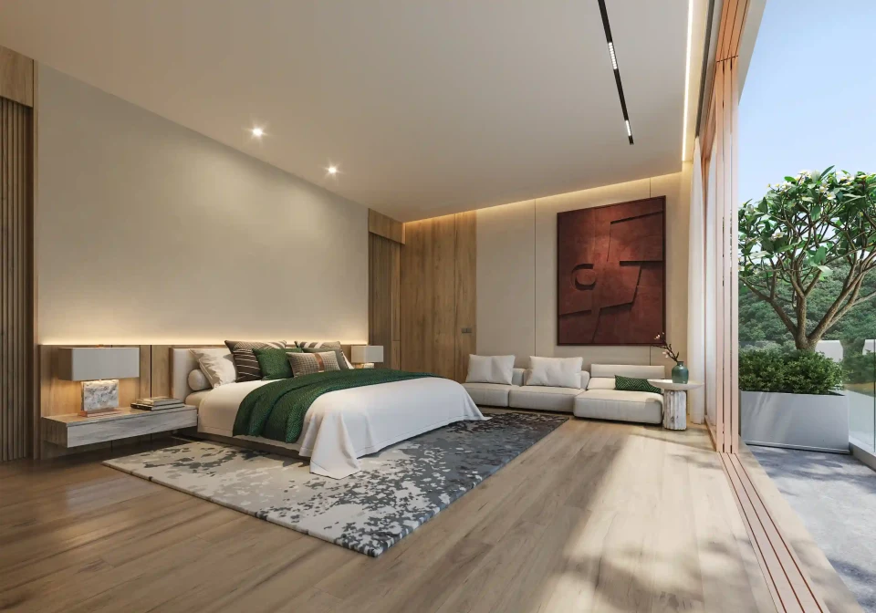 Larimar Vista interior living area with floor-to-ceiling windows and views