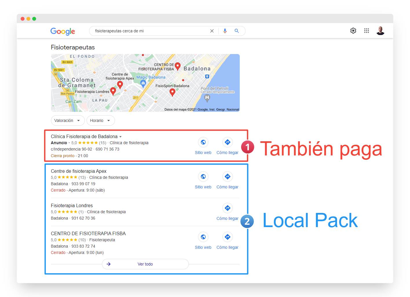 Resultado en la sección 'Local Pack' en Google para la búsqueda 'fisioterapeutas cerca de mí'