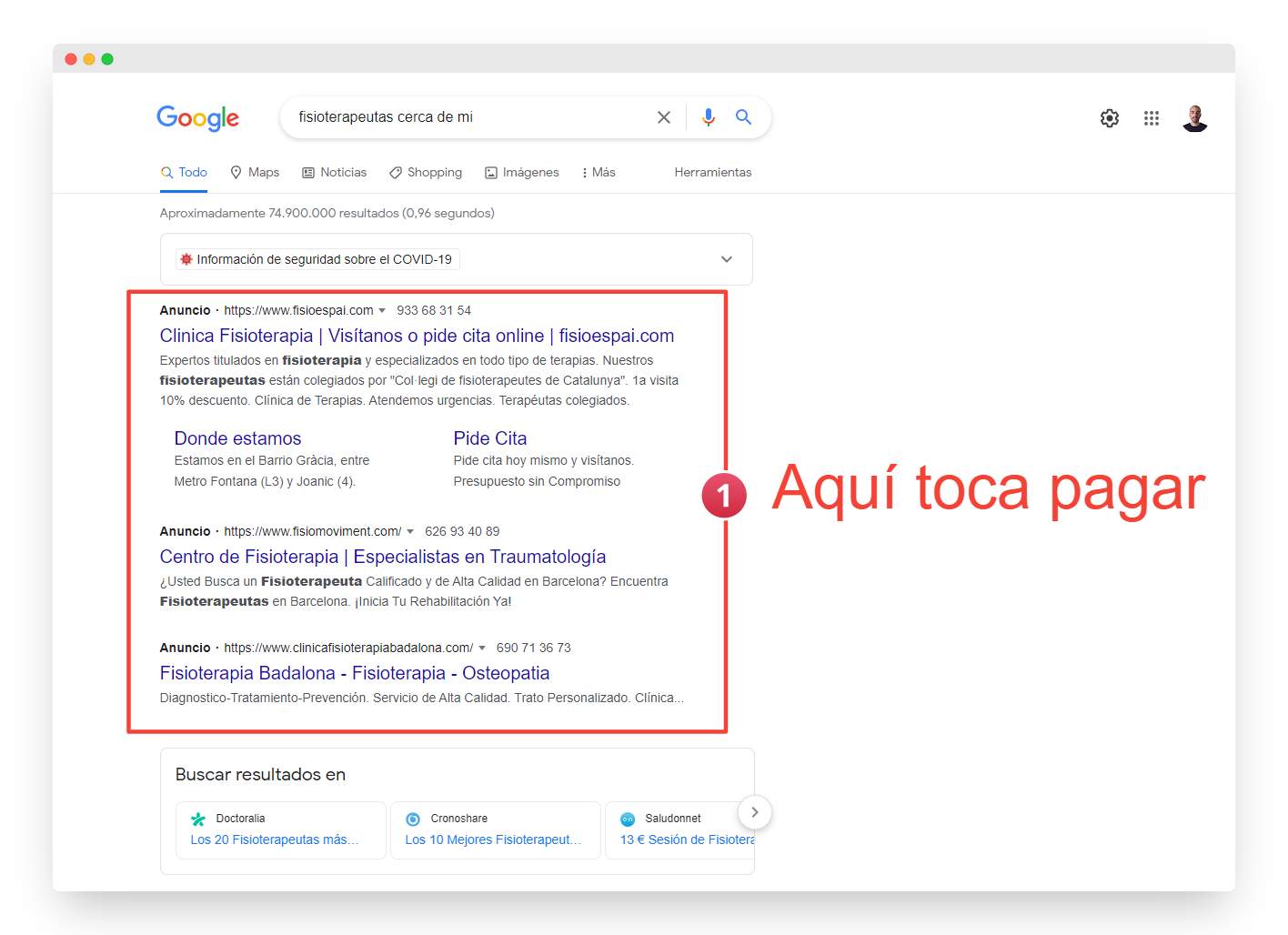 Resultados principales locales pagados en Google para la búsqueda de 'fisioterapeutas cerca de mí'