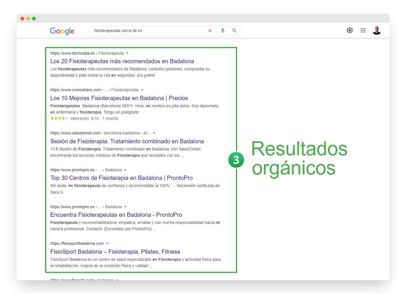 resultados orgánicos locales en Google para la búsqueda ' fisioterapeutas cerca de mí'