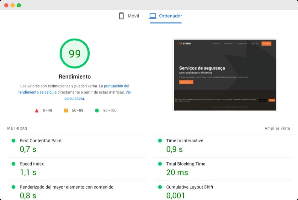 rendimiento de carga de la pagina en ordenador con una puntuación de 99