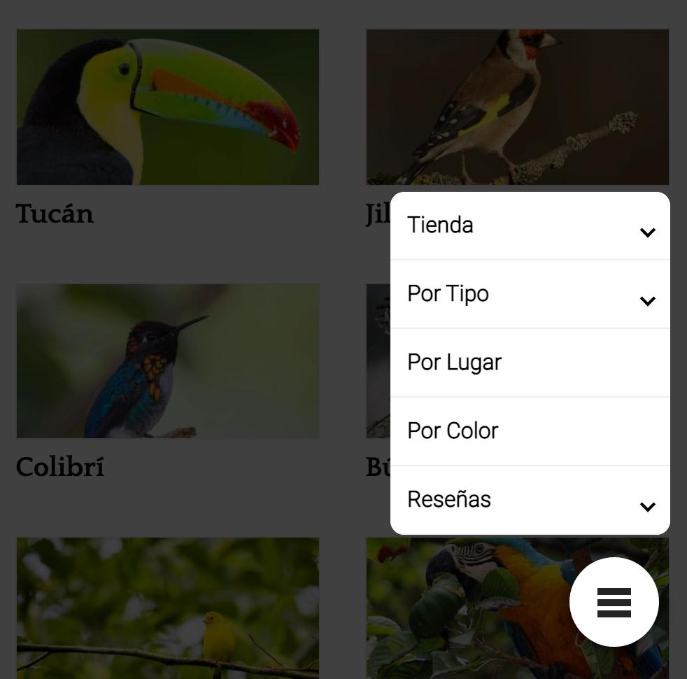 menú flotante aves exoticas