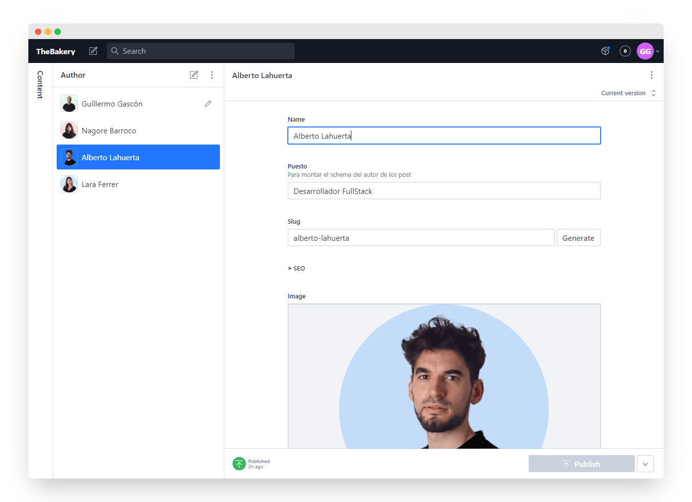 página autor en thebakery en el backoffice de Sanity