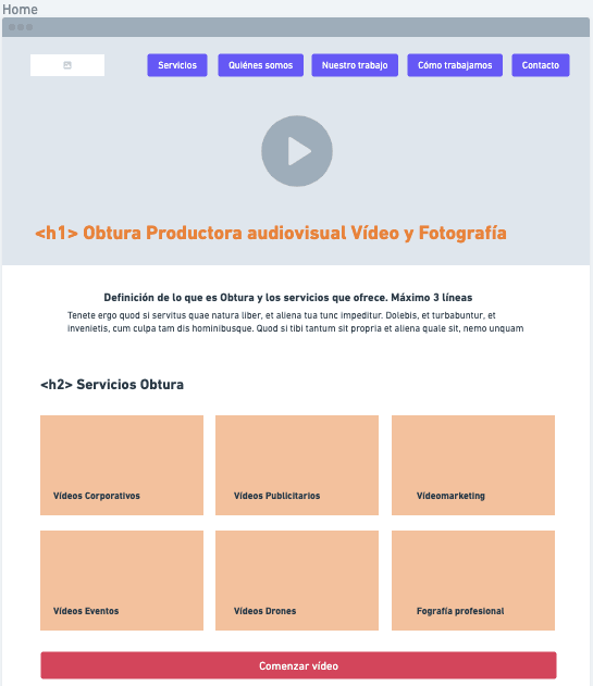 parte del wireframe de la home de Obtura