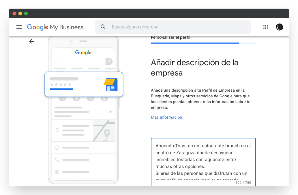 captura pantalla añadir descripcion empresa Google my business