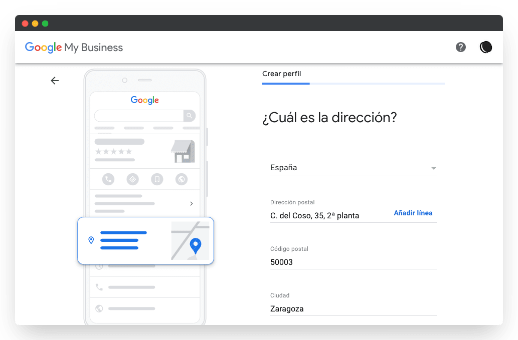 captura pantalla agregar dirección Google my business