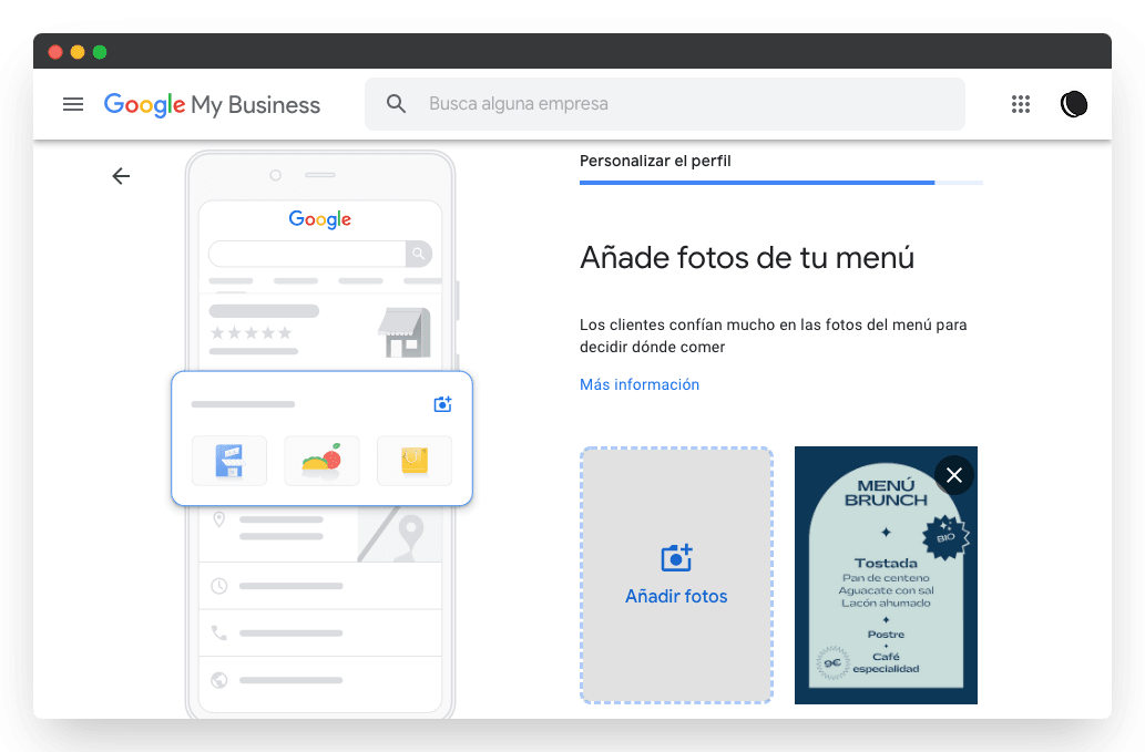 captura pantalla añadir fotos menú Google my business