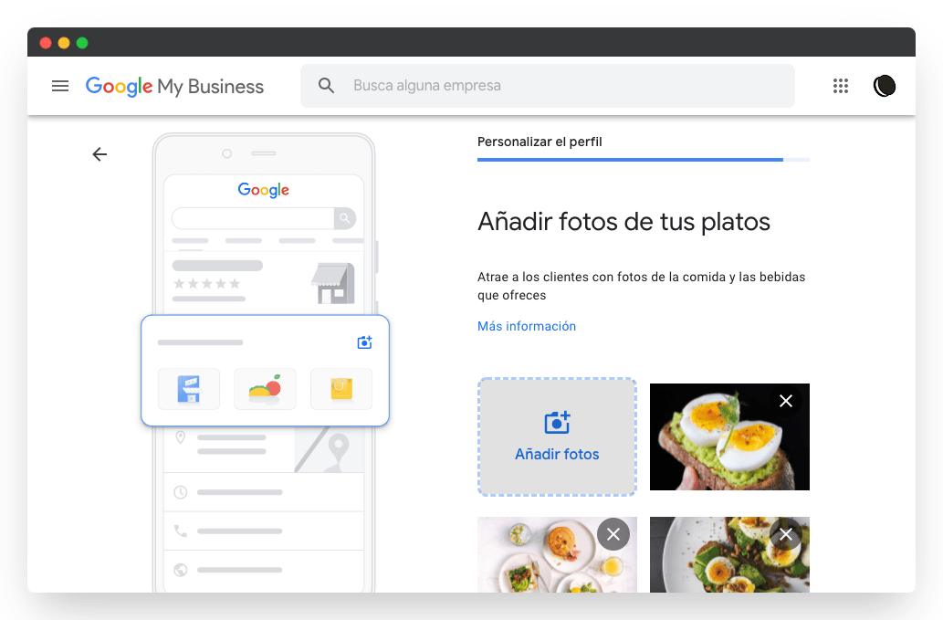 captura pantalla añadir fotos de tus platos Google my business