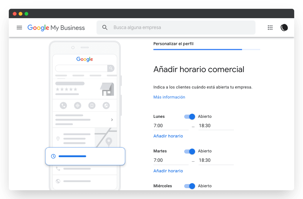 captura pantalla añade horario comercial Google my business