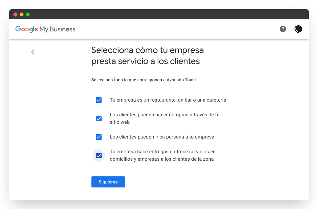 captura pantalla opciones iniciales Google my business