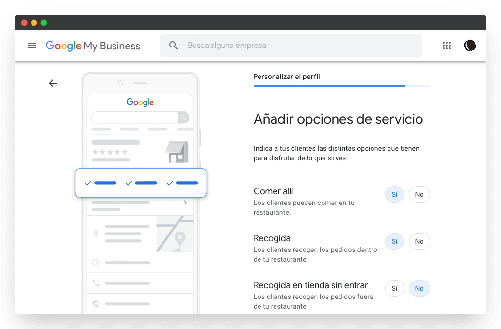 captura pantalla añadir opciones de servicio Google my business