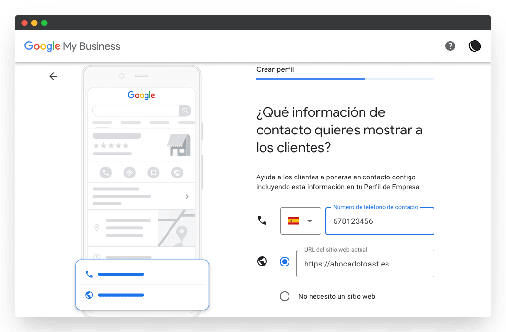 captura pantalla información que quieres mostrar, telefono, web, email Google my business