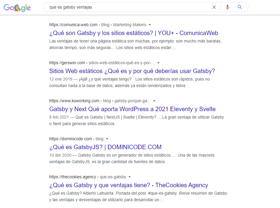 resultados de Google con la intención de búsqueda 'que es gatsby ventajas'