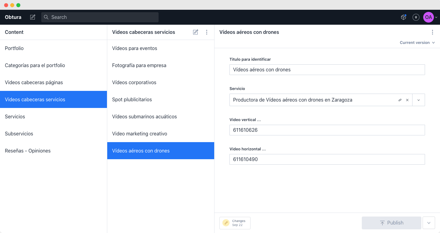 sección en Sanity que  diferencia entre video para PC y video para mobile.