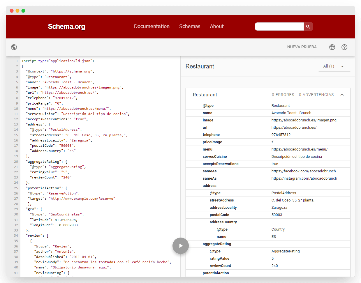 validando el schema con schema.org